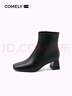 康莉（COMELY）羊皮粗跟短靴女冬季真皮時(shí)尚方頭舒適高級時(shí)裝靴 黑色 37 曬單實(shí)拍圖