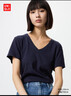 優(yōu)衣庫女裝竹節紗V領(lǐng)T恤/短袖棉白T上衣打底內搭春夏新款483576 69 藏青色 L /160/88A 曬單實(shí)拍圖