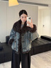 粟茝牛仔皮草拼接外套歐貨皮毛一體鵝絨羽絨派克服女短款復古做舊擦色 S 均碼 水洗牛仔 曬單實(shí)拍圖