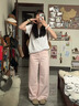 AAISUP美式純色基礎百搭牛仔褲女2025年春秋寬松顯瘦直筒褲闊腿拖地褲子 霧粉色 S 曬單實(shí)拍圖