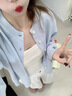 南木熊休閑褲女2025年秋裝新款藍色毛衣外套女裝春秋套裝針織衫衣服褲子 藍色開衫三件套均碼【90-115斤】 曬單實拍圖