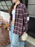 名創(chuàng)優(yōu)品（MINISO）長袖襯衫女慵懶風(fēng)寬松落肩休閑秋季chic復(fù)古格紋襯衣潮流翻領(lǐng)外套 粉黑格 L /165(體重115-130斤) 曬單實拍圖