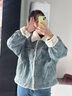 森馬（Semir）牛仔外套女拼接仿兔毛翻領(lǐng)寬松港風(fēng)冬季落肩夾棉夾克103724108001 曬單實(shí)拍圖