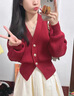 西兒車(chē)厘子紅色毛衣開(kāi)衫女針織外套洋氣收腰顯瘦圣誕過(guò)年喜慶上衣 車(chē)厘子紅色 均碼 曬單實(shí)拍圖
