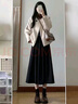 艾美琦美（AIMEIQIMEI）大碼女裝秋季2025新款小香風(fēng)韓劇穿搭三件套顯瘦180斤連衣裙套裝 杏色外套+咖色打底+黑色裙 L [建議105-120斤] 曬單實拍圖
