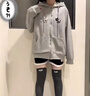EPET薄款日系可愛(ài)貓咪灰色連帽長(cháng)袖衛衣女春夏拉鏈開(kāi)衫外套ins潮亞宅 灰色格紋 M 95-105斤 曬單實(shí)拍圖