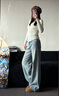 美麗衣櫥（BEAUTIFUL WARDROBE）高腰水洗復古牛仔褲女款秋季寬松舒適闊腿褲女休閑百搭長(cháng)褲子女 曬單實(shí)拍圖