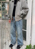 牧唯美式復古水洗做舊寬松直筒baggy牛仔褲男女潮廓形休閑百搭長(cháng)褲子 藍色 XL [建議130-150斤] 曬單實(shí)拍圖