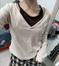 森馬（Semir）大碼胖mm美式辣妹V領(lǐng)長(zhǎng)袖T恤女早秋搭配罩衫修身掛脖背心兩件套裝 燕麥色兩件套 XL 【建議120-140斤】 曬單實(shí)拍圖