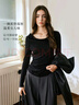 Olrain歐芮兒法式斜肩針織T恤女裝秋季新款蕩領(lǐng)系帶長(cháng)袖上衣 黑色 M 曬單實(shí)拍圖