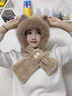 KINGXIAOJING狐貍毛耳朵帽子圍巾一體女冬季毛絨女生2025新款可愛(ài)騎車(chē)保暖圍脖 卡其色帽子圍巾兩件套 均碼(加絨加厚) 曬單實(shí)拍圖