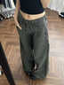 DALEY MODE直筒工裝牛仔褲女小個(gè)子美式軍綠色新款高腰寬松顯瘦闊腿長(cháng)褲女 軍綠色小個(gè)子款(145-155) S 曬單實(shí)拍圖