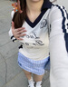 v領(lǐng)正肩撞色內搭打底衫女新款春秋季修身翻領(lǐng)字母印花長(cháng)袖t恤上衣 白灰色 M 曬單實(shí)拍圖