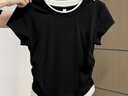 啄木鳥(niǎo)撞色短款t恤女假兩件設計感褶皺收腰修身正肩短袖上衣夏 黑色 M 曬單實(shí)拍圖