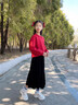 MOON KIDS女童絲絨半身裙秋冬新款兒童中長(cháng)款過(guò)年裙子女大童冬季加厚蛋糕裙 4551黑色 170 170cm 曬單實(shí)拍圖