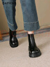 達芙妮黑色馬丁靴女秋冬季加絨短靴子2025新爆款百搭厚底內增高皮鞋 曬單實(shí)拍圖