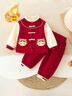 女童漢服套裝冬季加絨嬰兒寶寶拜年周歲禮服新中式兒童抓周宴衣服 紅色 加絨 90 cm 曬單實(shí)拍圖