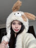 BIBK耳朵會(huì )動(dòng)帽子圍巾一體女冬可愛(ài)小狗毛絨帽保暖護耳圍脖連帽三件套 卡其 曬單實(shí)拍圖
