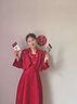紀覓粉色訂婚服  裙新中式旗袍敬酒服新娘回門(mén)結婚套裝伴娘秋冬季長(cháng)袖 酒紅色長(cháng)裙套裝 S 曬單實(shí)拍圖