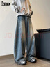 IZEXX美式闊腿彎刀牛仔褲男款春季復古直筒寬松拖地長(cháng)褲子MG96藍色2XL 曬單實(shí)拍圖