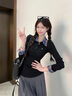 假兩件長(cháng)袖T恤女設計感格紋美式復古拼接翻領(lǐng)秋冬季針織打底上衣 黑色 M 曬單實(shí)拍圖