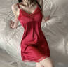 纖姿喚【100%桑蠶絲】真絲睡衣女性感誘惑吊帶睡裙寬松純色舒適家居服 酒紅色 L （適合115-125斤） 曬單實(shí)拍圖