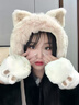 蒲戀手套女保暖手套冬季女生可愛(ài)兔兔手套學(xué)生毛絨翻蓋半指加絨防寒 兔子手套【白色】 曬單實(shí)拍圖