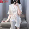 莫代爾水光綢睡衣女夏季冰絲薄款提花格紋短袖長(cháng)褲簡(jiǎn)約家居服套裝可外穿 舒適柔軟親膚：白色 L 曬單實(shí)拍圖