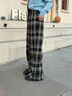 玖姿·安娜蔻【明星同款】時(shí)髦簡(jiǎn)約風(fēng)復古格紋加絨闊腿褲休閑長(cháng)褲女2025冬季新 格黑色 M 曬單實(shí)拍圖