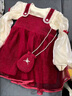 G.DUCKKIDS小黃鴨女童套裝春秋款連衣裙周歲女寶寶公主裙禮服兒童秋冬兩件套 紅色春秋套裝（花朵款夾子） 90 尺碼1~2歲【 80-90cm】 曬單實(shí)拍圖