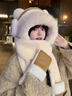 唐獅（TonLion）可愛(ài)毛絨小熊帽子圍巾手套一體女冬季加厚保暖騎車(chē)防寒帽雷鋒帽男 米色 曬單實(shí)拍圖