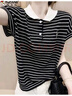 啄木鳥(niǎo)大碼冰絲短袖T恤女2025夏季新款條紋t恤女撞色紐扣polo領(lǐng)針織上衣 黑色 3XL 150-170斤 曬單實(shí)拍圖