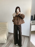 尚靜洋氣復古仿麂皮加厚外套女2025年冬季新款夾棉保暖大毛領(lǐng)短款上衣 咖色 M 曬單實(shí)拍圖