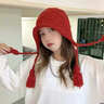 LZJV新年紅色帽子女秋冬新款保暖毛線(xiàn)流蘇帽手工針織護耳帽百搭時(shí)尚 光板流蘇帽--紅色 曬單實(shí)拍圖