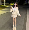 Ady Glenna針織衫女溫柔風(fēng)高腰修身蓬蓬蛋糕短裙套裝甜美系帶蝴蝶結毛衣女 米白毛衣+白色短裙 S 曬單實(shí)拍圖