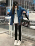 美洋（MEIYANG）帆影外套牛仔PU拼接絎棉保暖拉鏈抽繩廓形夾克時(shí)尚休閑百搭外套女 藍色 S 曬單實(shí)拍圖