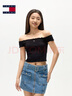 TOMMY JEANS25春夏新款女裝復古甜美性感一字肩褶皺辣妹短款短袖上衣T恤 黑色BDS L 曬單實(shí)拍圖