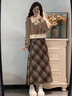 韓璐嬌（hanlujiao）秋冬連衣裙女裝2025新款搭配一整套小個(gè)子韓系穿搭學(xué)院風(fēng)套裝裙子 假兩件上衣+格紋半裙【兩件套】 M 曬單實(shí)拍圖