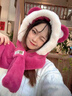 KINGXIAOJING冬季帽子圍巾一體女款加絨加厚可愛(ài)小熊保暖護耳滑雪帽冬天三件套 玫紅色(帽子圍巾一體) 曬單實(shí)拍圖
