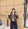 浪莎海寧皮衣外套女加絨加厚2025冬季新款寬松顯瘦時(shí)尚百搭短款皮夾克 咖色 XL 100-110斤 曬單實(shí)拍圖