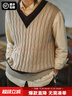 馬登工裝 復古lvy針織V領(lǐng)毛衣背心男秋季學(xué)院風(fēng)撞色立體絞花無(wú)袖馬甲 卡其 S 曬單實(shí)拍圖