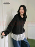 闊色短款翻領(lǐng)氣質(zhì)外搭針織衫女25秋冬季新款黑灰色設計感長(cháng)袖毛衣 黑灰色 L 曬單實(shí)拍圖
