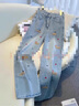 衣然呈品牛仔褲女秋冬新款加絨美式高街寬松高腰卡通立體刺繡闊腿長(cháng)褲子女 淺藍色 L 【建議110-125斤】 曬單實(shí)拍圖