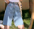 浪莎五分牛仔短褲女夏季2025新款直筒港味高腰寬松顯瘦a字闊腿中褲潮 曬單實(shí)拍圖