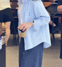 Olrain歐芮兒法式條紋襯衫女春裝新款寬松減齡小清新通勤襯衣 淺藍條紋（第二批次） M 曬單實(shí)拍圖