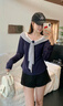 美式復古條紋綁帶一字肩假兩件長(cháng)袖t恤女春秋修身顯瘦休閑上衣潮 藏青色 M 曬單實(shí)拍圖