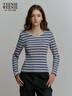 Teenie Weenie小熊秋季法式淑女打底衫V領(lǐng)條紋長(cháng)袖T恤復古時(shí)髦女 淺藍色 S (160) 曬單實(shí)拍圖