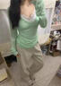九寸陽(yáng)光溫柔套裝綠色長(cháng)袖T恤罩衫上衣女秋季內搭蕾絲性感吊帶背心兩件套 均碼 （推薦體重120斤內） 曬單實(shí)拍圖