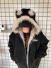 404MOBGANG 秋冬新品加厚棉服開(kāi)衫連帽棉衣男女同款毛領(lǐng)貓耳座山雕外套 復古黑（貓耳版） XL 曬單實(shí)拍圖