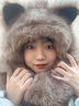 目丸可愛(ài)狐貍耳朵毛絨帽子圍巾一體女秋冬季仿皮草保暖護耳手套三件套 曬單實(shí)拍圖